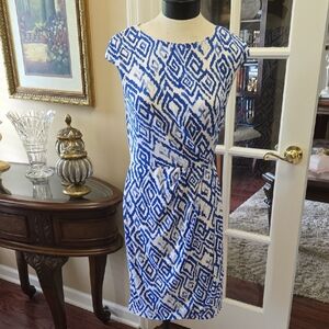Donna Morgan Blue White Geometric Print Midi Dress Cap Slv Gathered Waist 8 EUC